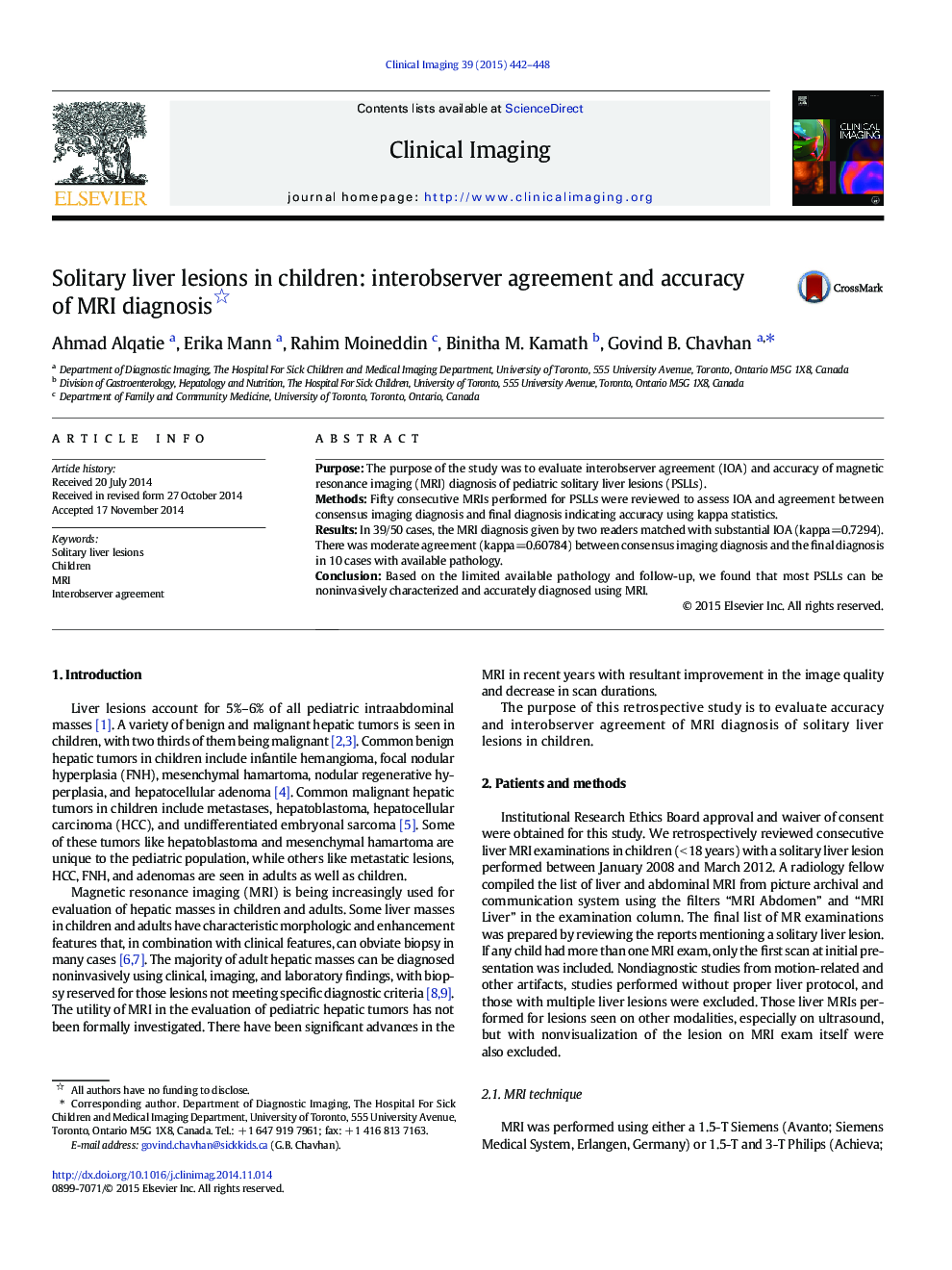 Solitary liver lesions in children: interobserver agreement and accuracy of MRI diagnosis 