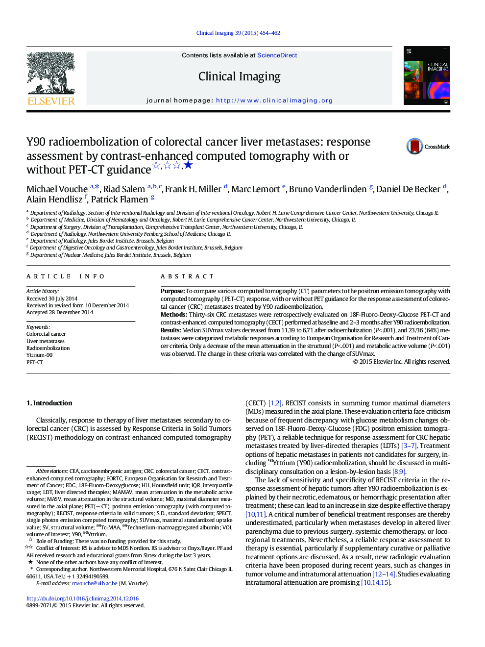 Y90 radioembolization of colorectal cancer liver metastases: response assessment by contrast-enhanced computed tomography with or without PET-CT guidance ★