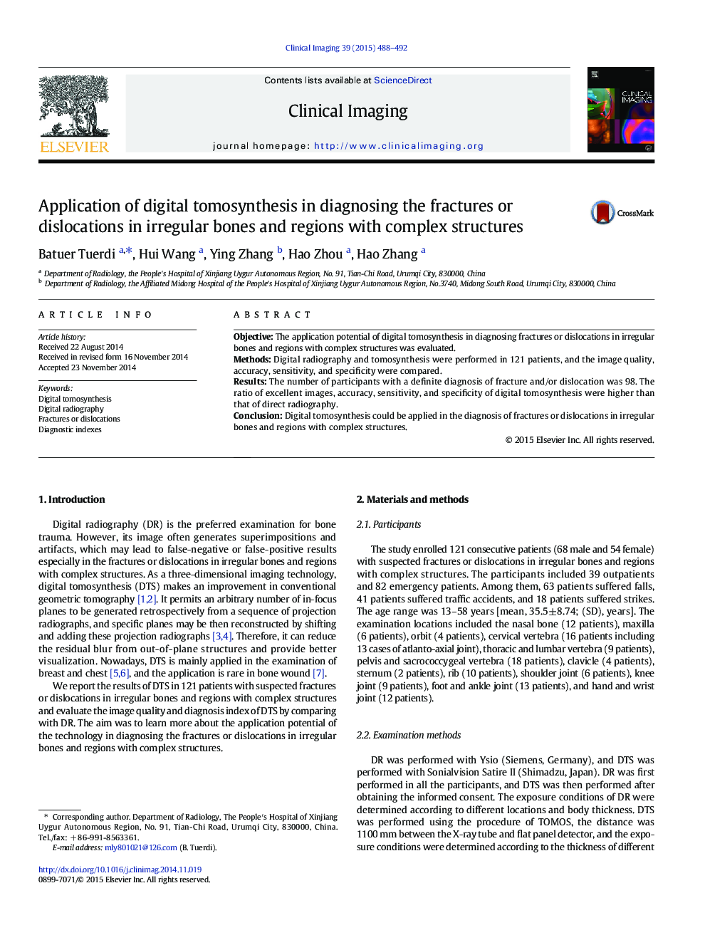 Application of digital tomosynthesis in diagnosing the fractures or dislocations in irregular bones and regions with complex structures