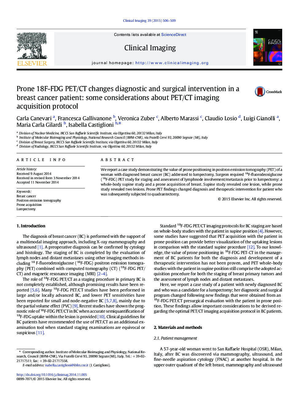 Prone 18F-FDG PET/CT changes diagnostic and surgical intervention in a breast cancer patient: some considerations about PET/CT imaging acquisition protocol