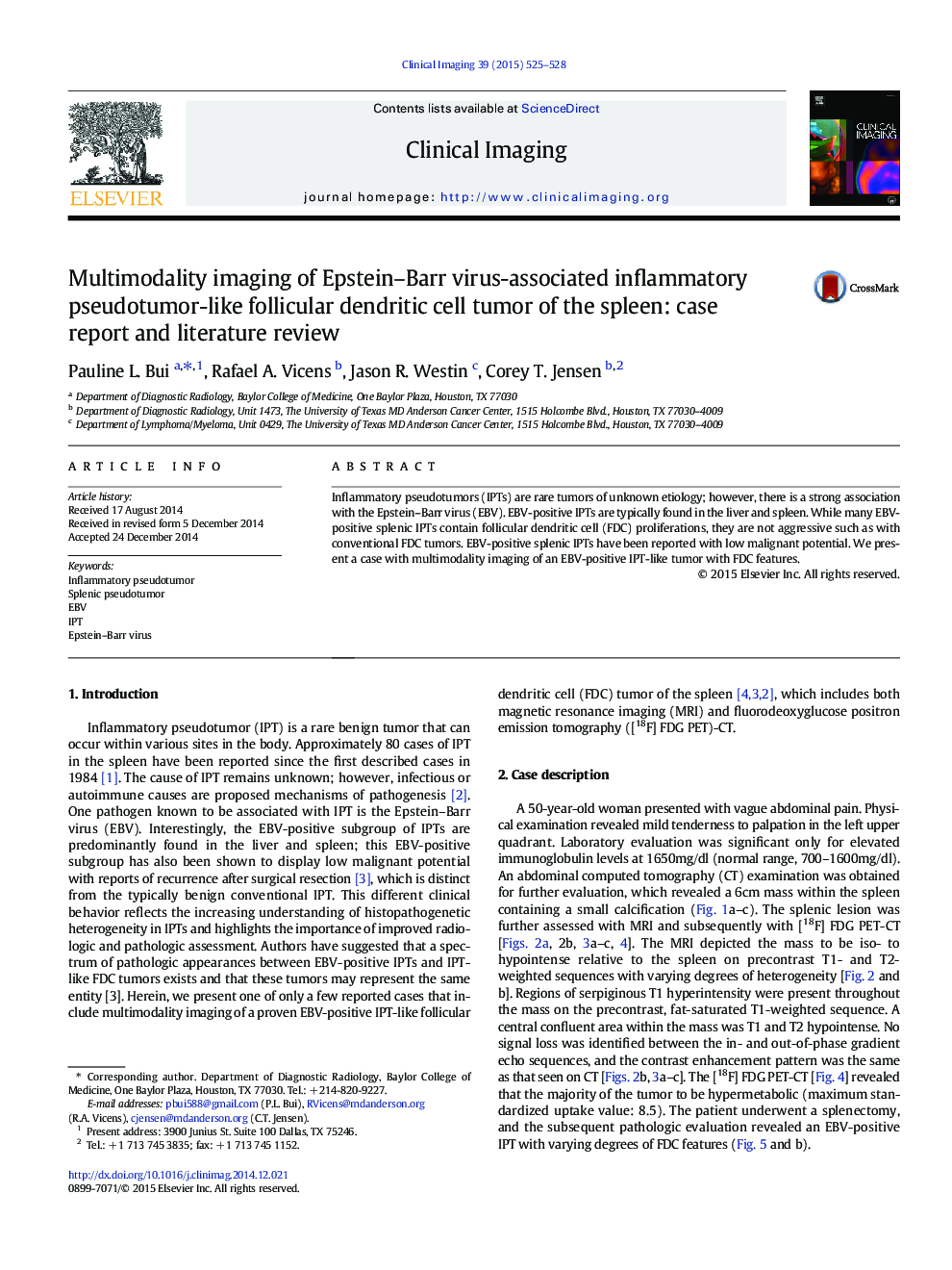 Multimodality imaging of Epstein–Barr virus-associated inflammatory pseudotumor-like follicular dendritic cell tumor of the spleen: case report and literature review