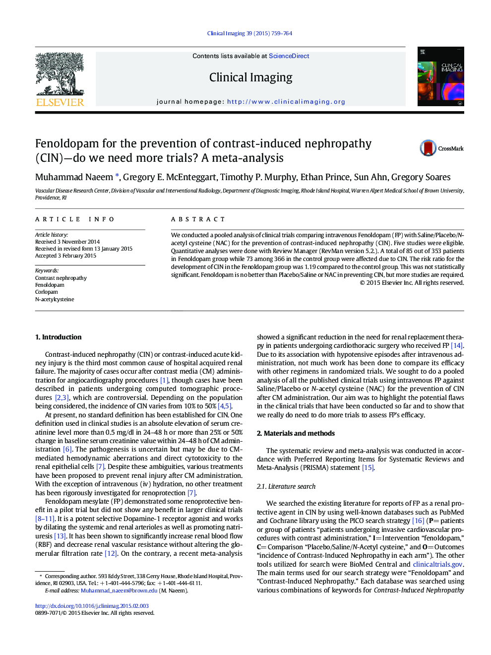 Fenoldopam for the prevention of contrast-induced nephropathy (CIN)—do we need more trials? A meta-analysis