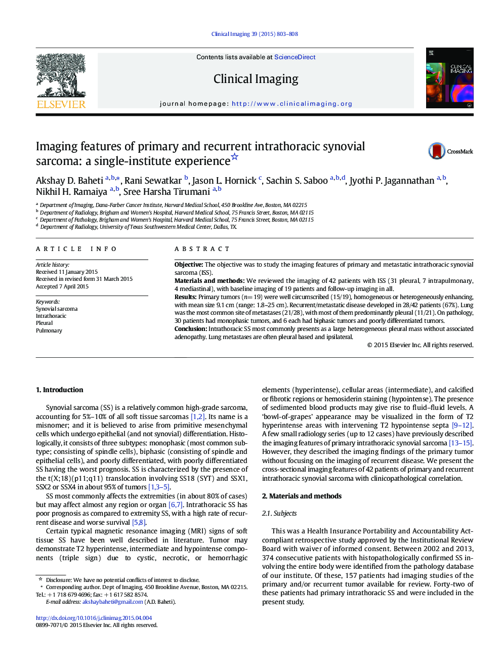 Imaging features of primary and recurrent intrathoracic synovial sarcoma: a single-institute experience