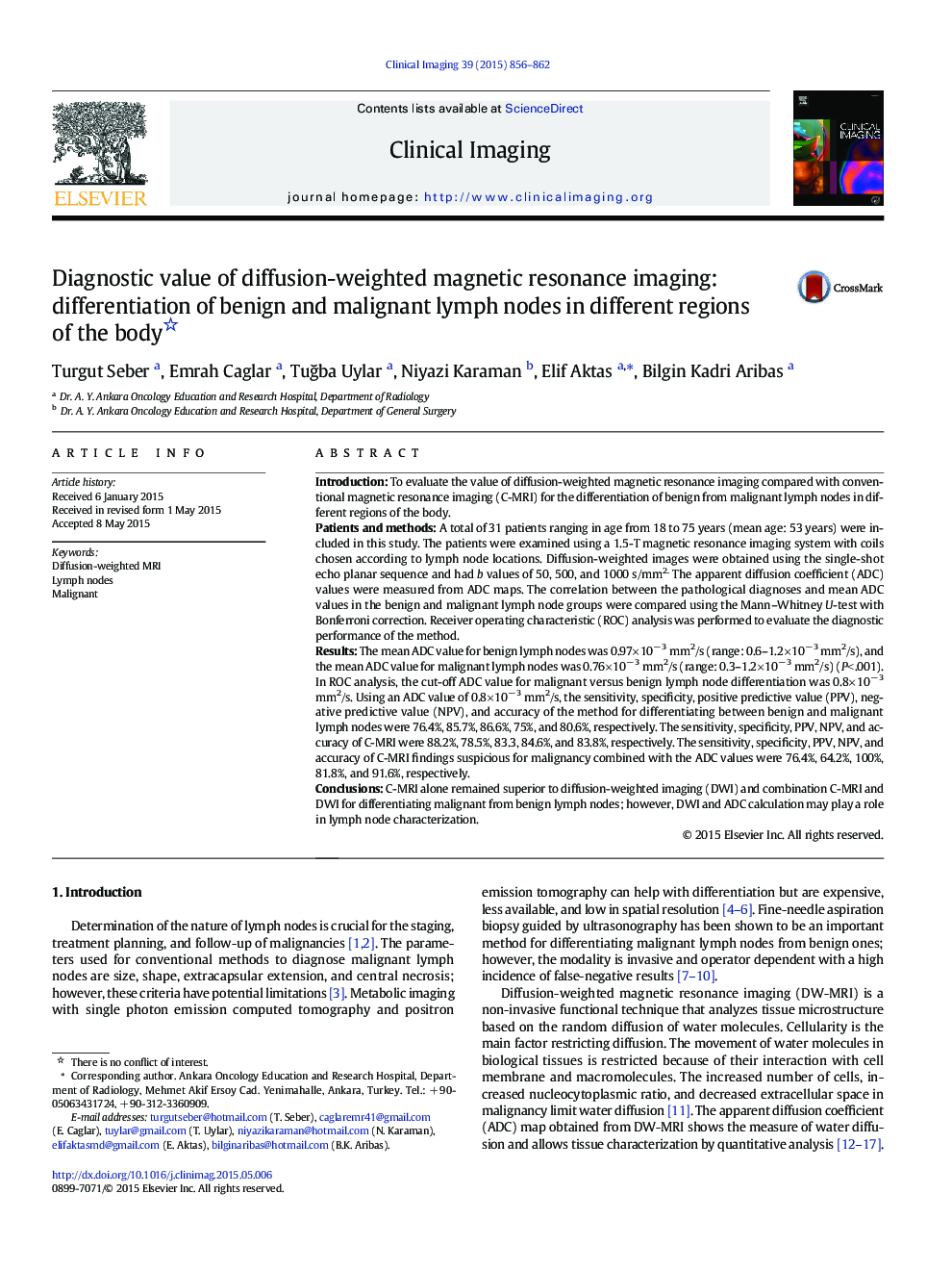 Diagnostic value of diffusion-weighted magnetic resonance imaging: differentiation of benign and malignant lymph nodes in different regions of the body 