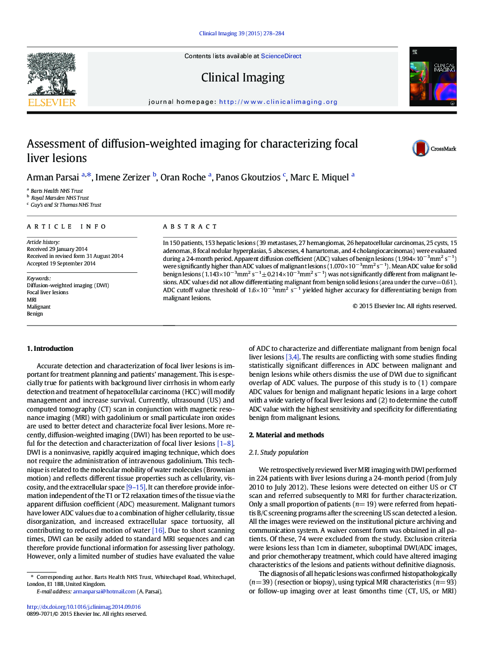 Assessment of diffusion-weighted imaging for characterizing focal liver lesions