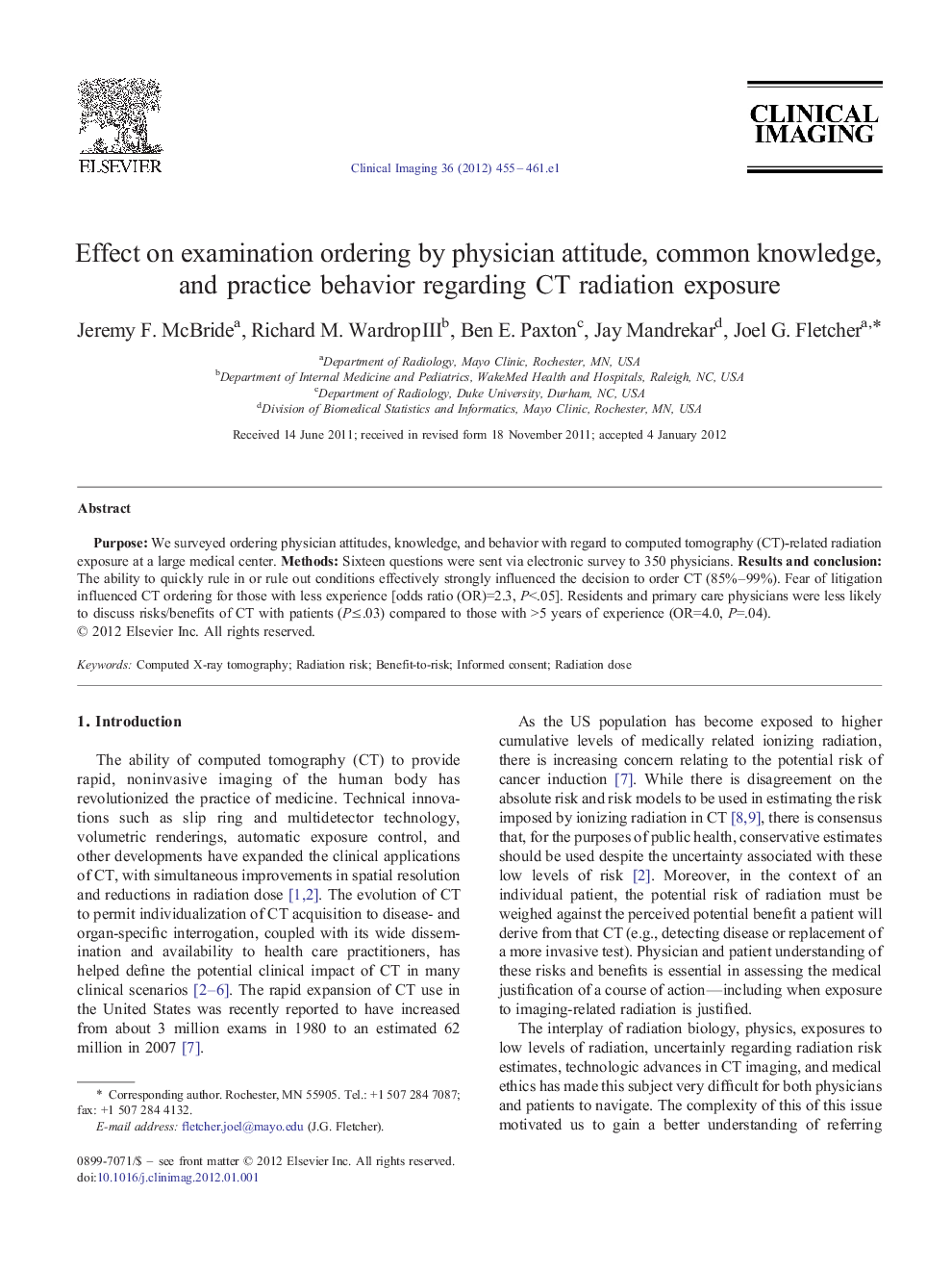 Effect on examination ordering by physician attitude, common knowledge, and practice behavior regarding CT radiation exposure