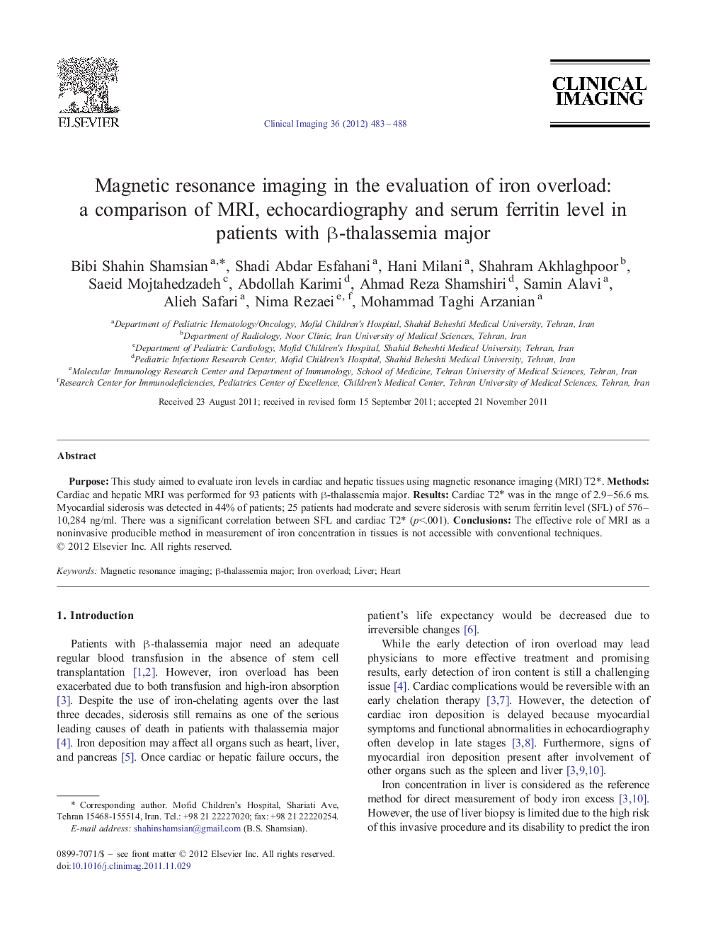 Magnetic resonance imaging in the evaluation of iron overload: a comparison of MRI, echocardiography and serum ferritin level in patients with β-thalassemia major