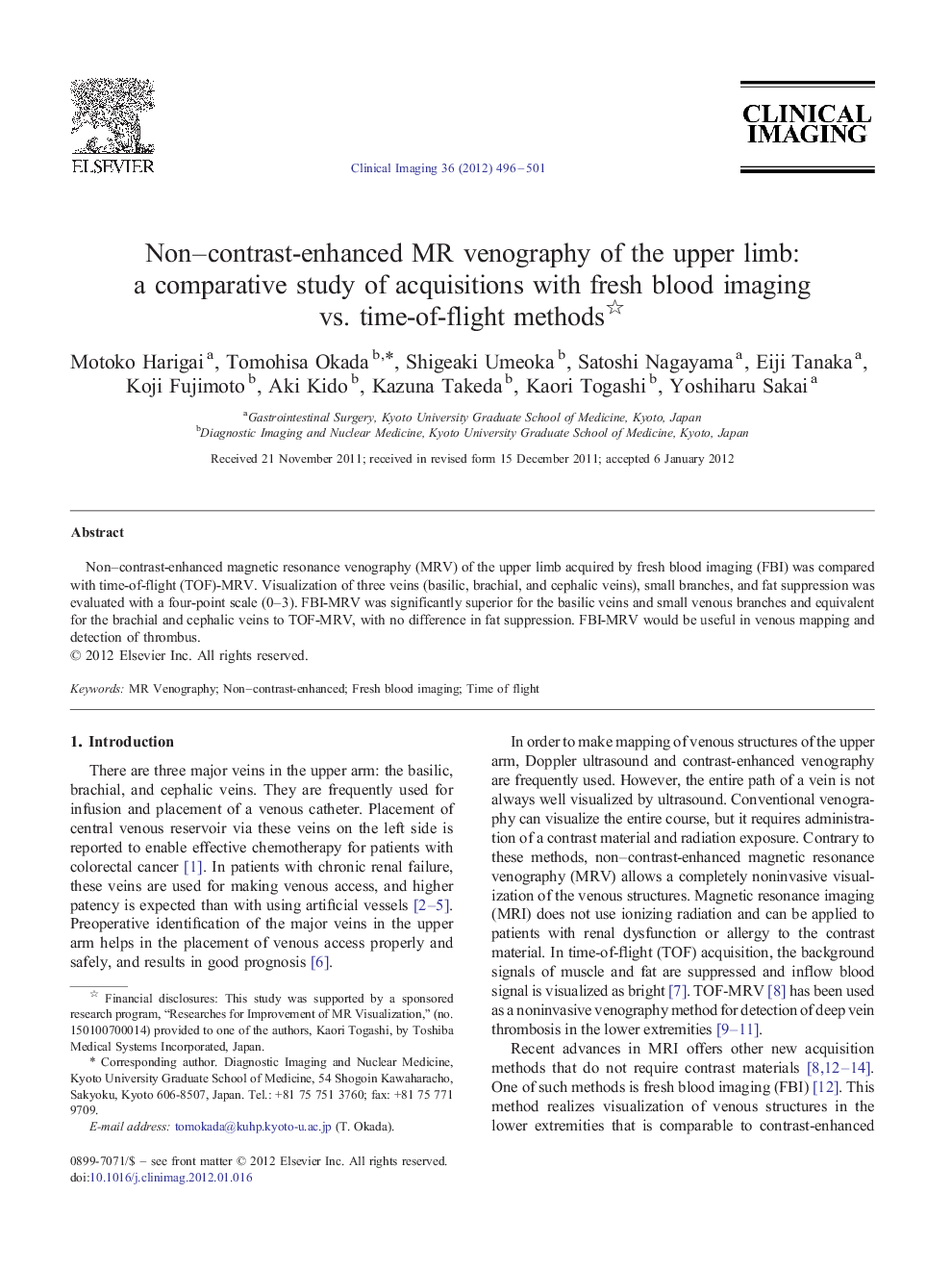 Non–contrast-enhanced MR venography of the upper limb: a comparative study of acquisitions with fresh blood imaging vs. time-of-flight methods 