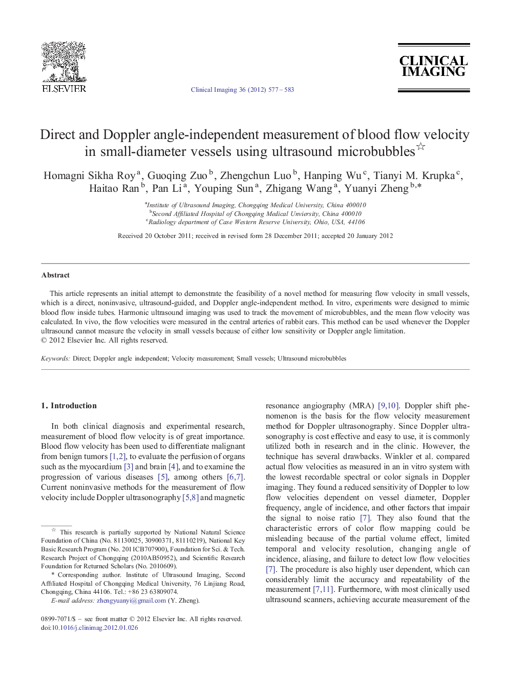 Direct and Doppler angle-independent measurement of blood flow velocity in small-diameter vessels using ultrasound microbubbles 