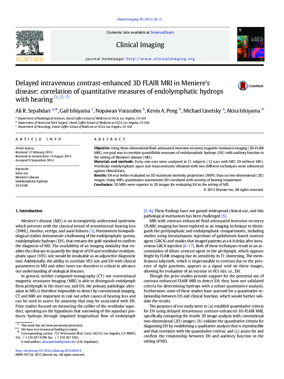 Delayed intravenous contrast-enhanced 3D FLAIR MRI in Meniere’s disease: correlation of quantitative measures of endolymphatic hydrops with hearing 