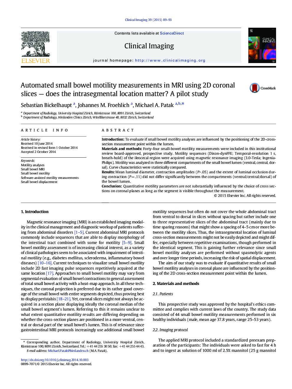 Automated small bowel motility measurements in MRI using 2D coronal slices — does the intrasegmental location matter? A pilot study