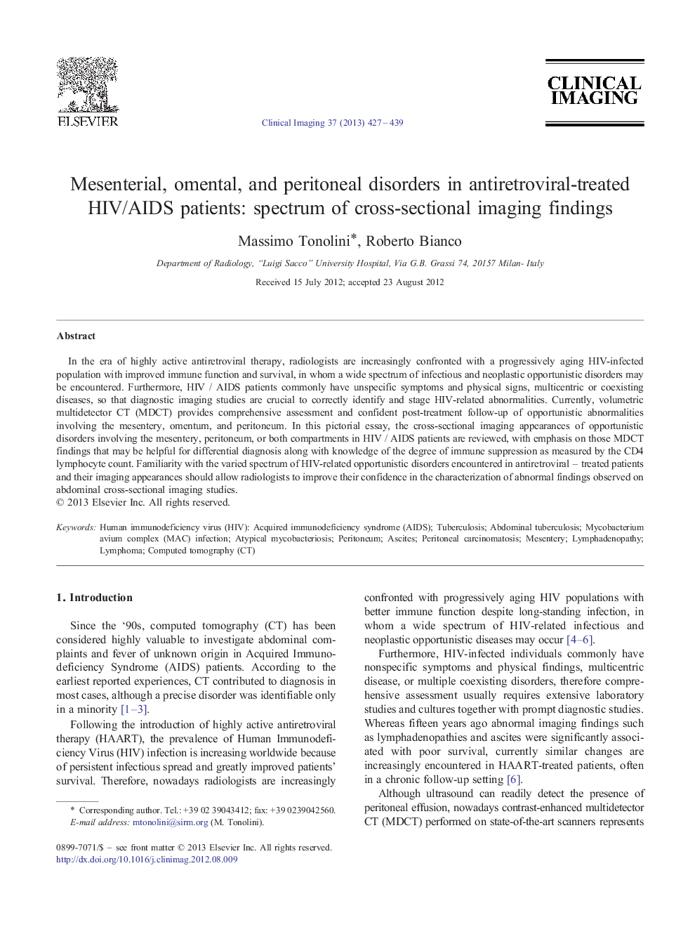 Mesenterial, omental, and peritoneal disorders in antiretroviral-treated HIV/AIDS patients: spectrum of cross-sectional imaging findings