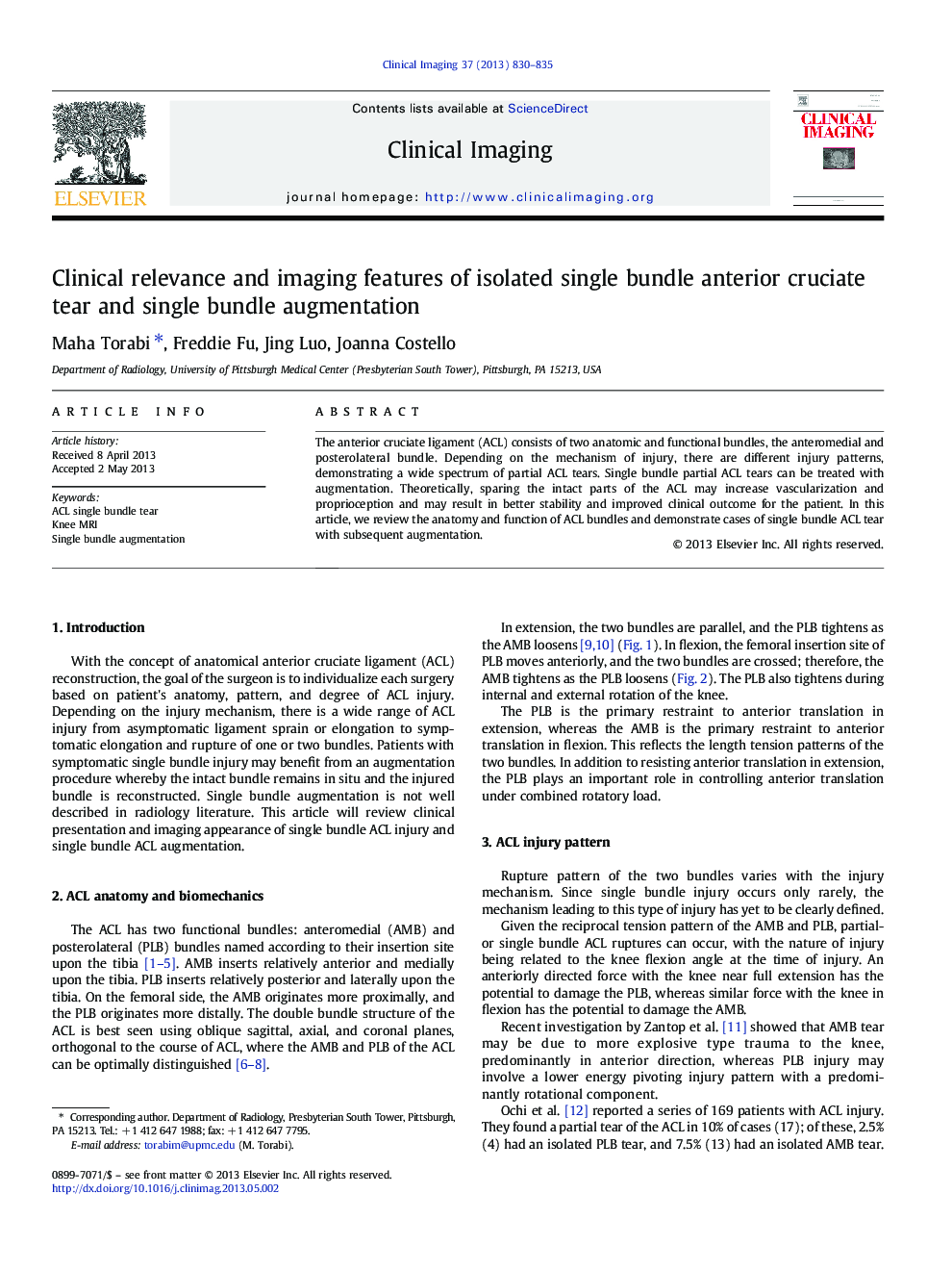 Clinical relevance and imaging features of isolated single bundle anterior cruciate tear and single bundle augmentation