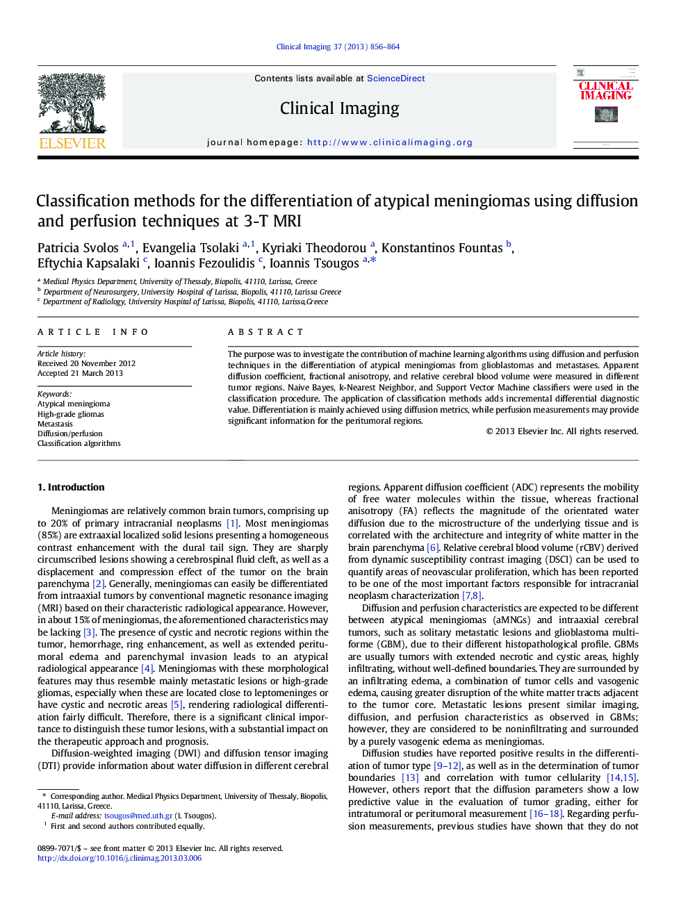 Classification methods for the differentiation of atypical meningiomas using diffusion and perfusion techniques at 3-T MRI