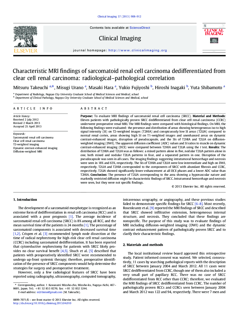 Characteristic MRI findings of sarcomatoid renal cell carcinoma dedifferentiated from clear cell renal carcinoma: radiological–pathological correlation