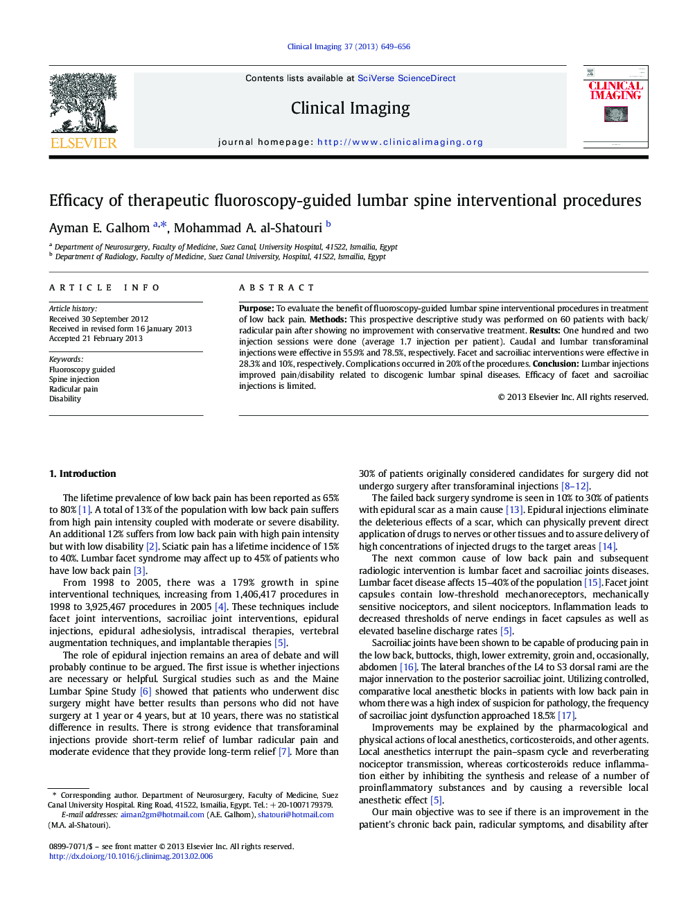 Efficacy of therapeutic fluoroscopy-guided lumbar spine interventional procedures