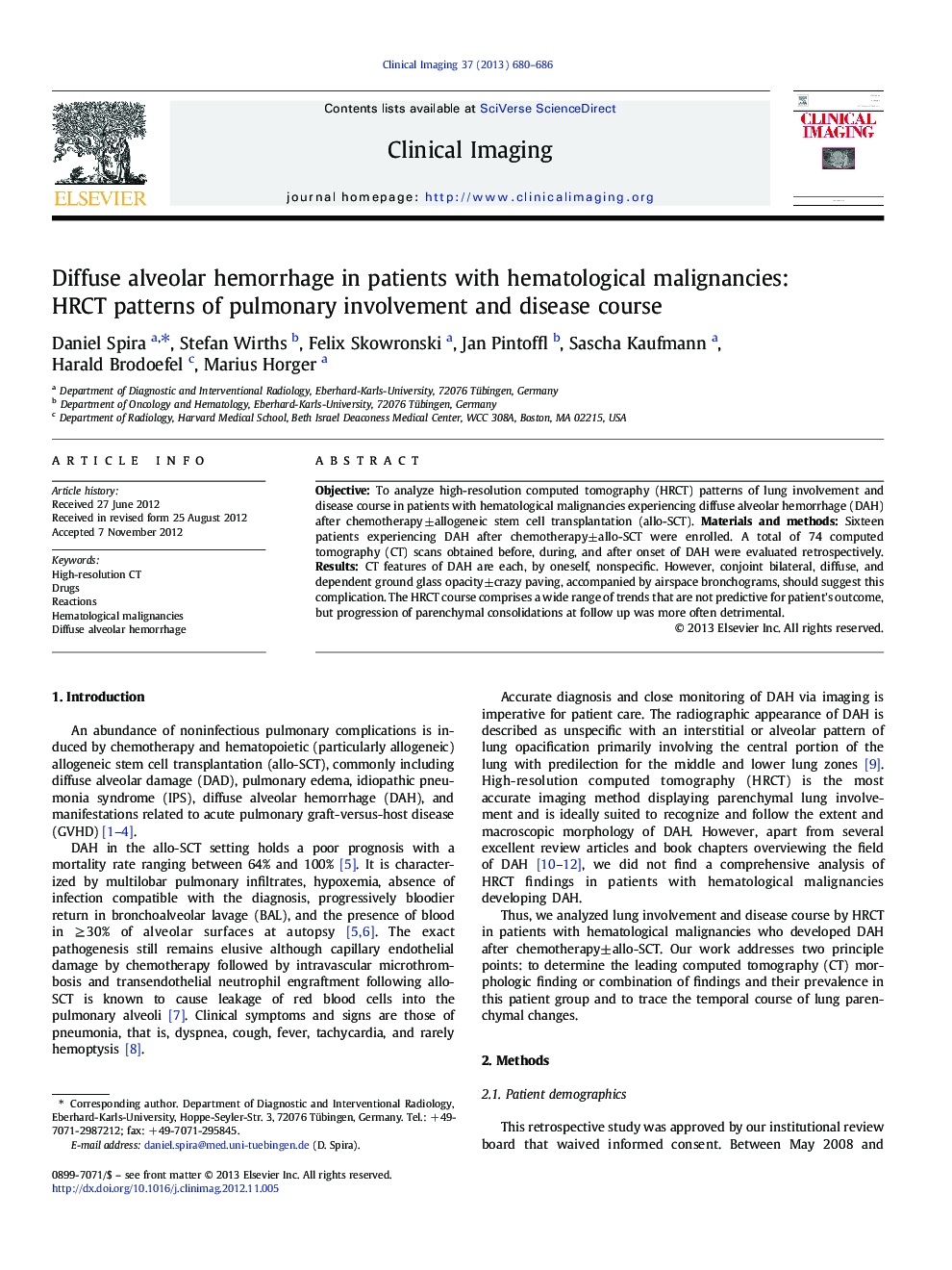 Diffuse alveolar hemorrhage in patients with hematological malignancies: HRCT patterns of pulmonary involvement and disease course