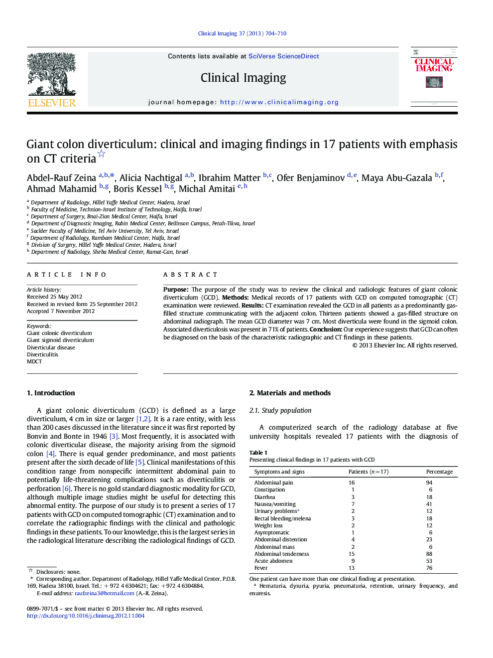 Giant colon diverticulum: clinical and imaging findings in 17 patients with emphasis on CT criteria 