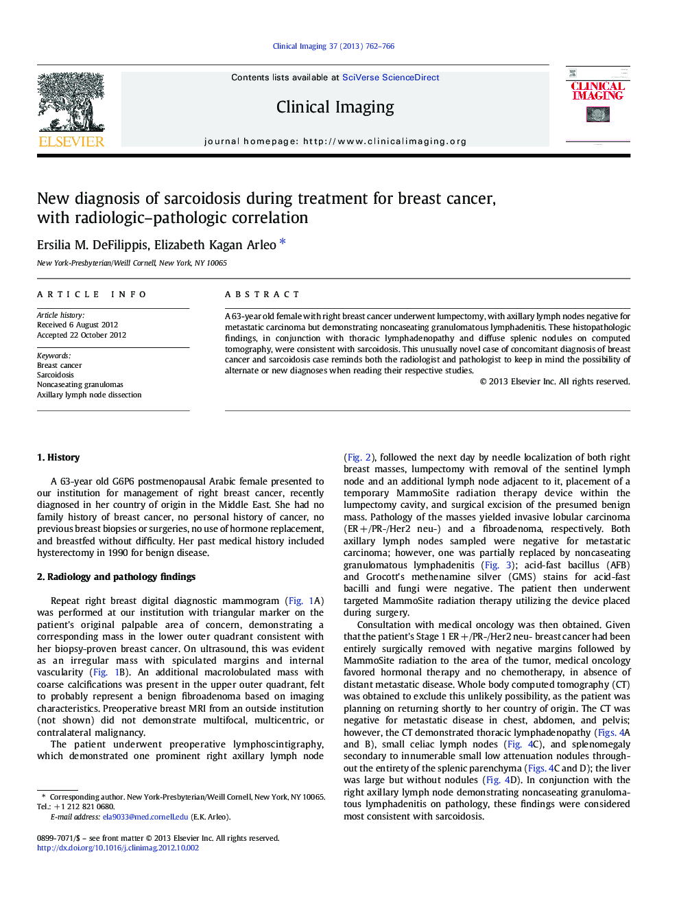 New diagnosis of sarcoidosis during treatment for breast cancer, with radiologic–pathologic correlation