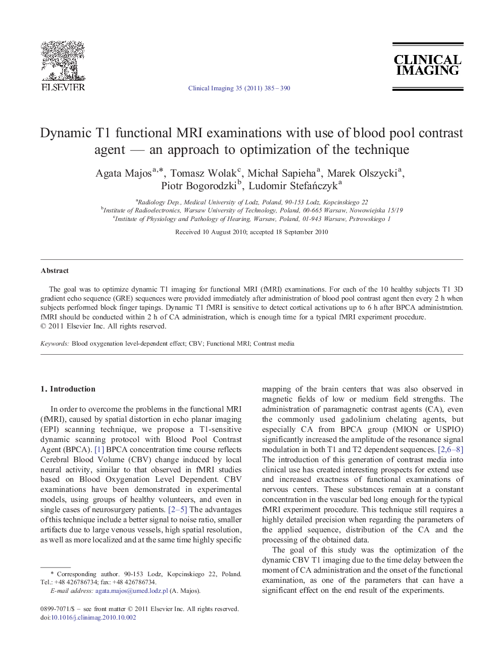 Dynamic T1 functional MRI examinations with use of blood pool contrast agent — an approach to optimization of the technique