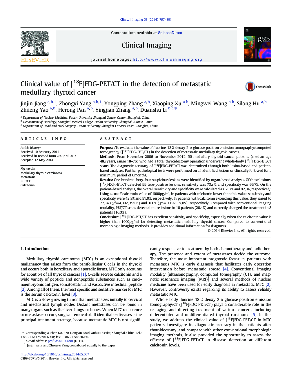 Clinical value of [18F]FDG-PET/CT in the detection of metastatic medullary thyroid cancer