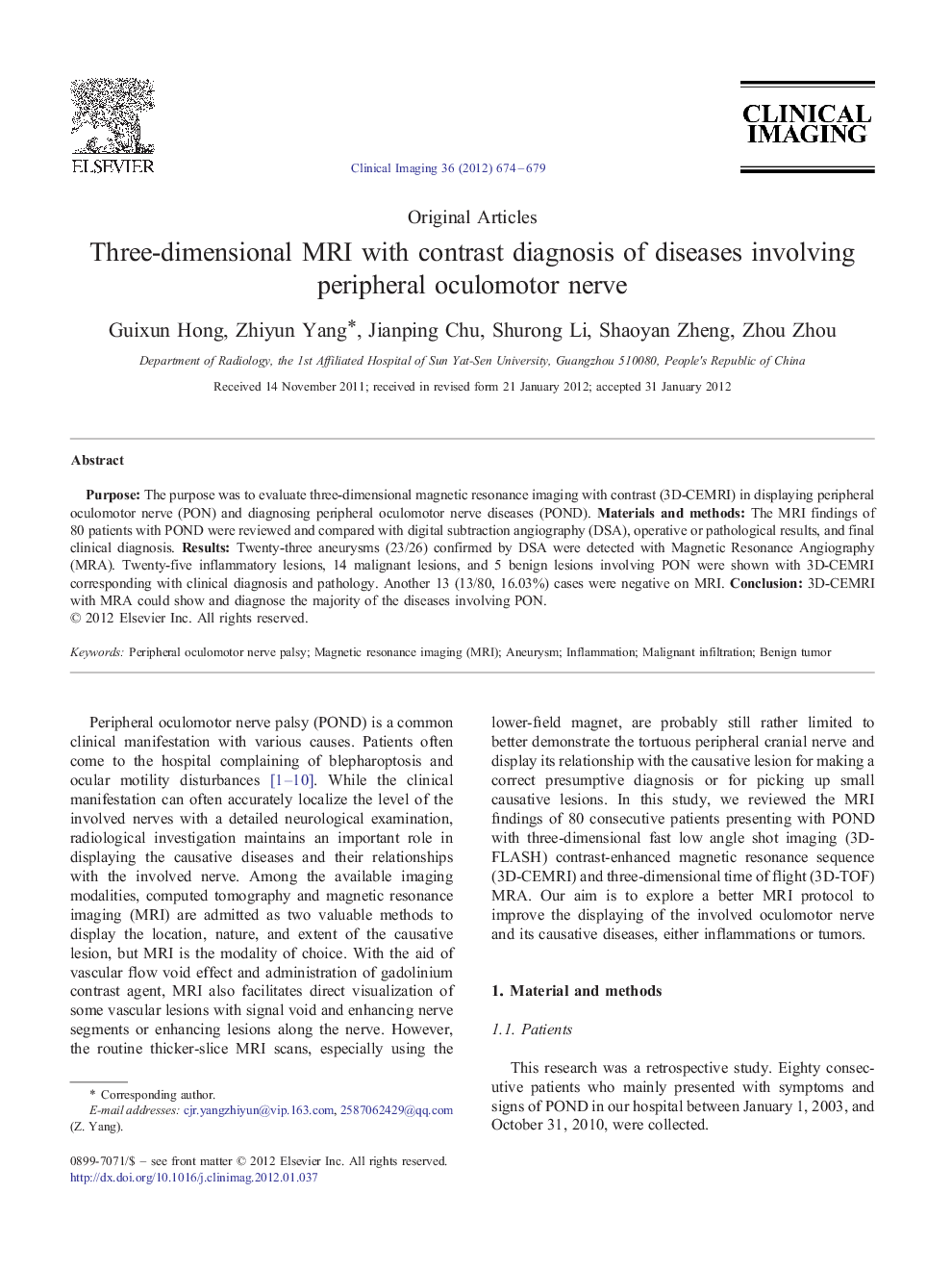 Three-dimensional MRI with contrast diagnosis of diseases involving peripheral oculomotor nerve