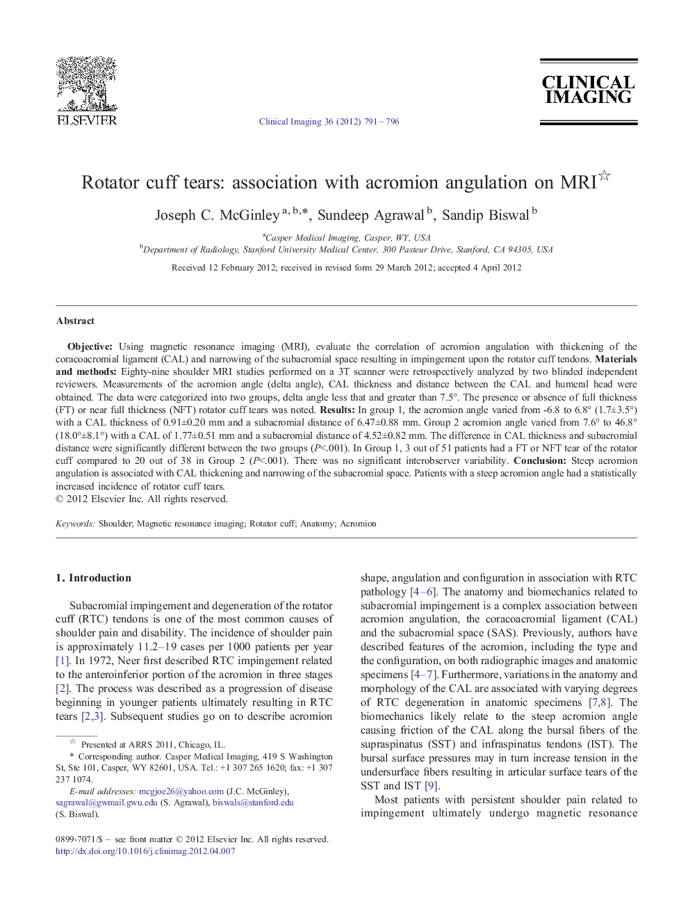 Rotator cuff tears: association with acromion angulation on MRI 