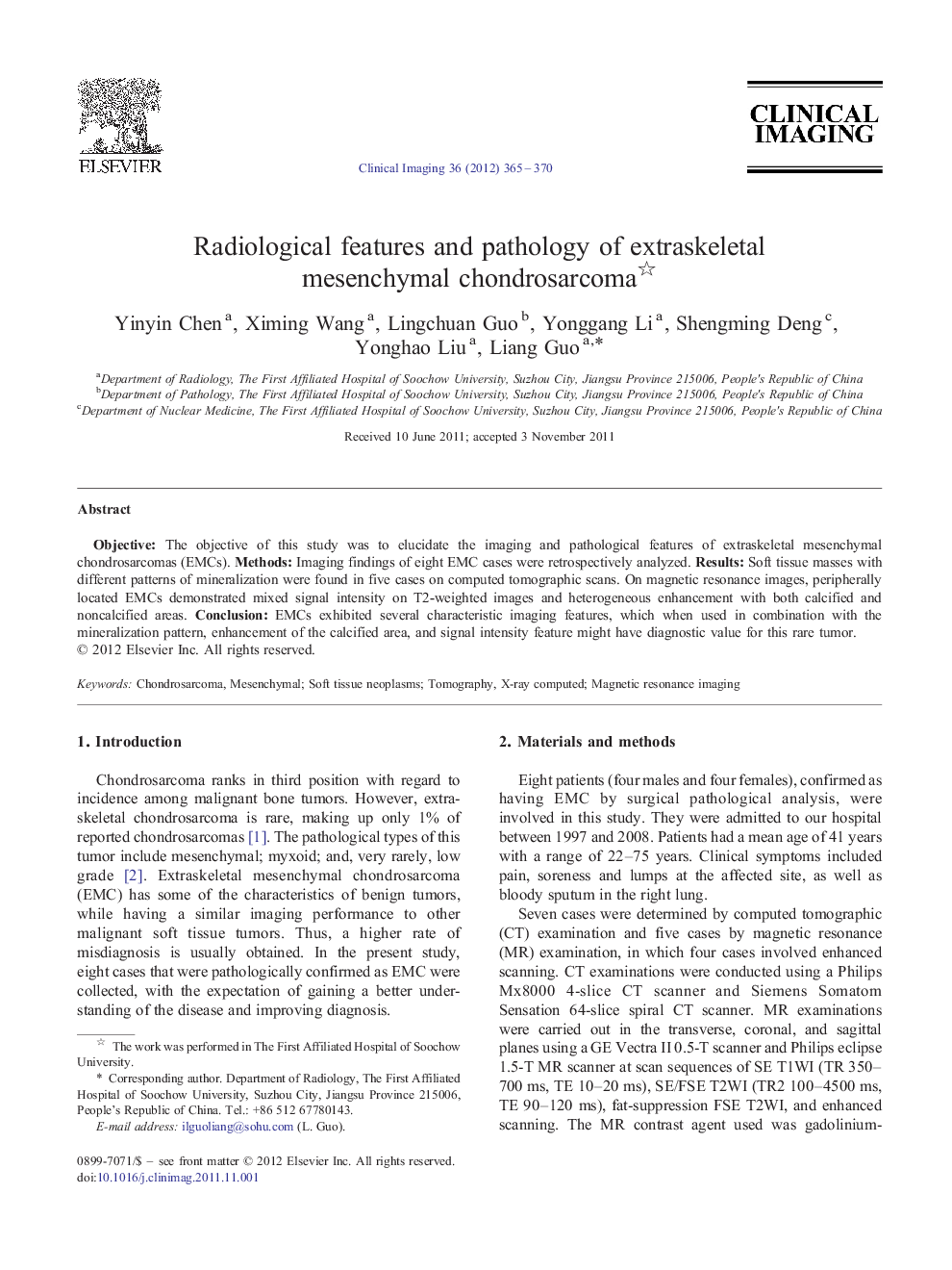 Radiological features and pathology of extraskeletal mesenchymal chondrosarcoma 