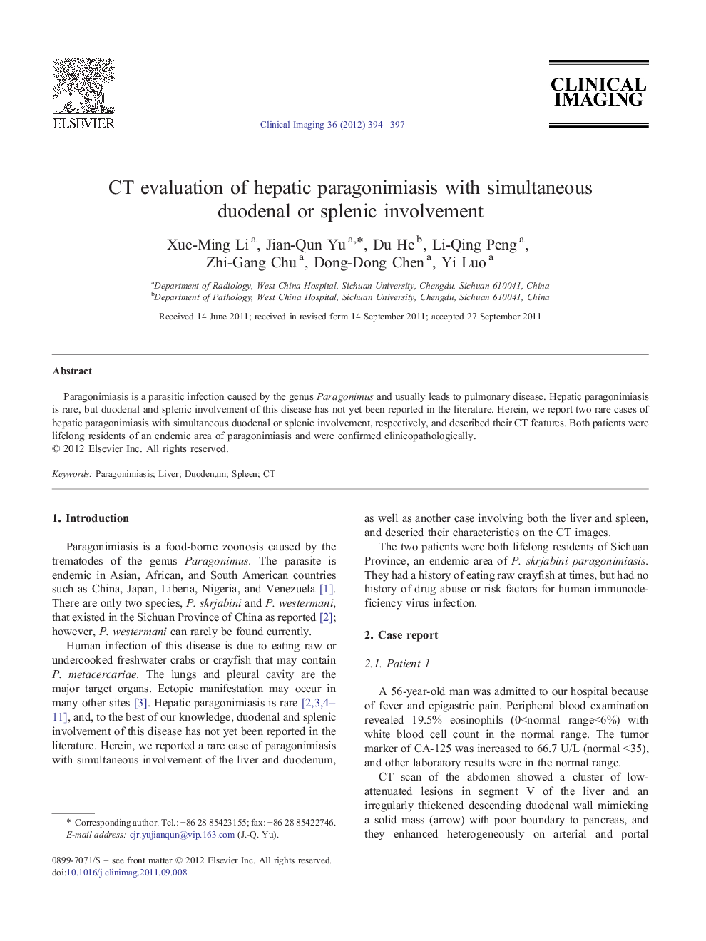 CT evaluation of hepatic paragonimiasis with simultaneous duodenal or splenic involvement