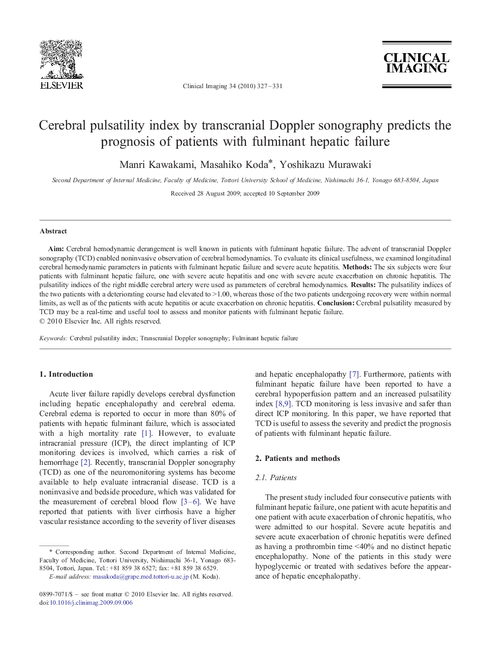 Cerebral pulsatility index by transcranial Doppler sonography predicts the prognosis of patients with fulminant hepatic failure