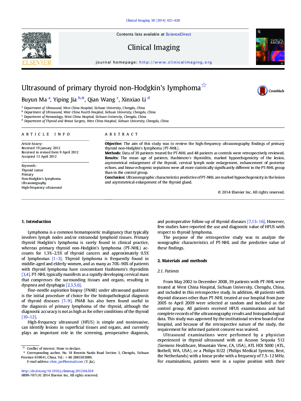 Ultrasound of primary thyroid non-Hodgkin's lymphoma 