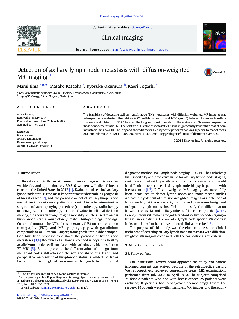 Detection of axillary lymph node metastasis with diffusion-weighted MR imaging 