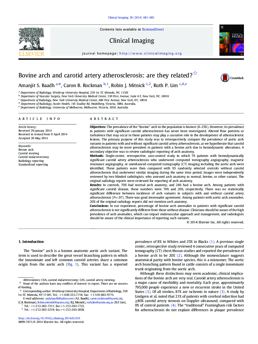 Bovine arch and carotid artery atherosclerosis: are they related? 