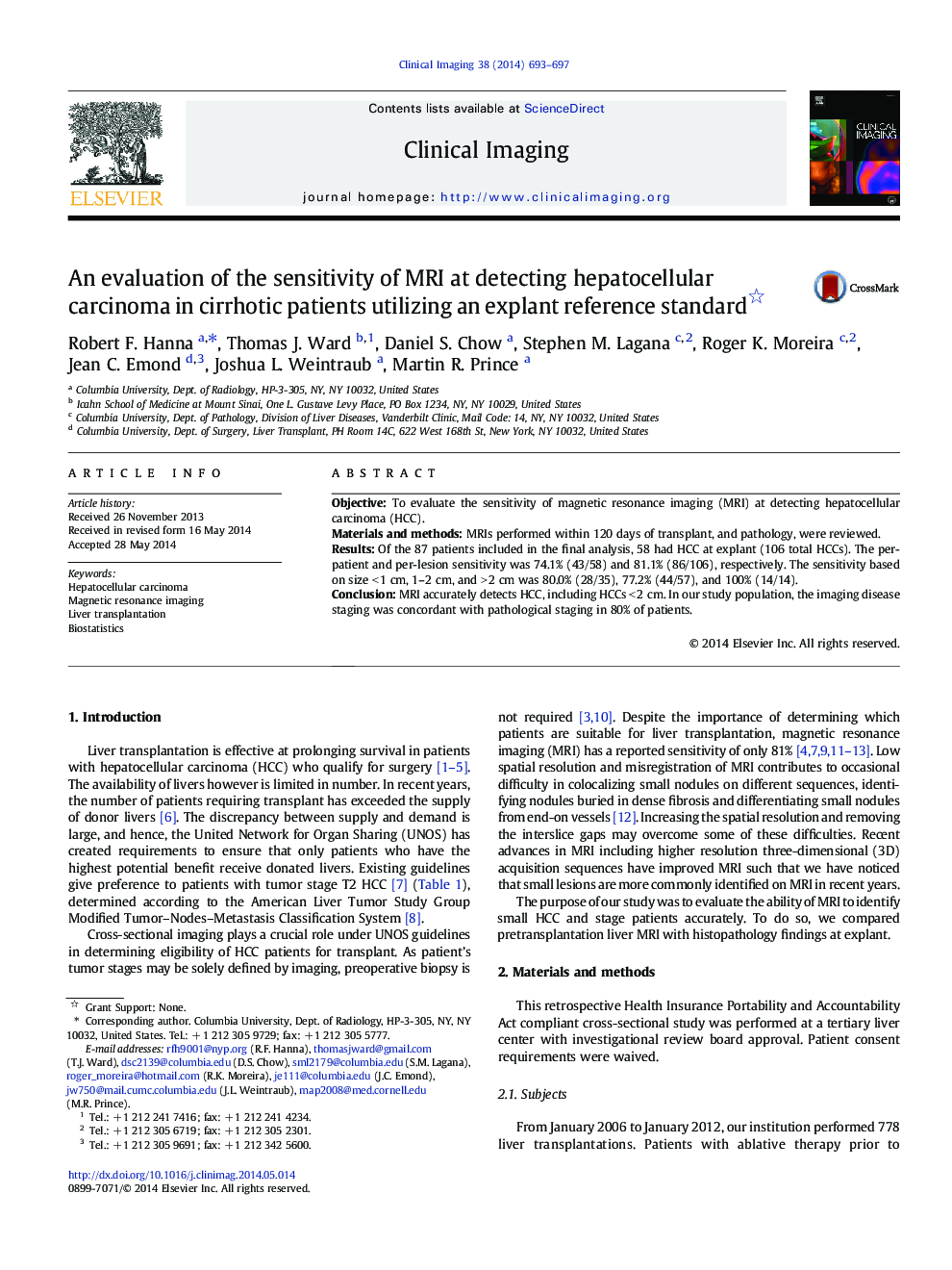 An evaluation of the sensitivity of MRI at detecting hepatocellular carcinoma in cirrhotic patients utilizing an explant reference standard 