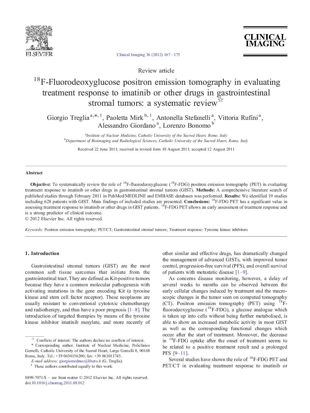 18F-Fluorodeoxyglucose positron emission tomography in evaluating treatment response to imatinib or other drugs in gastrointestinal stromal tumors: a systematic review 