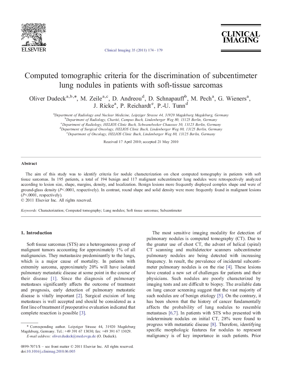 Computed tomographic criteria for the discrimination of subcentimeter lung nodules in patients with soft-tissue sarcomas