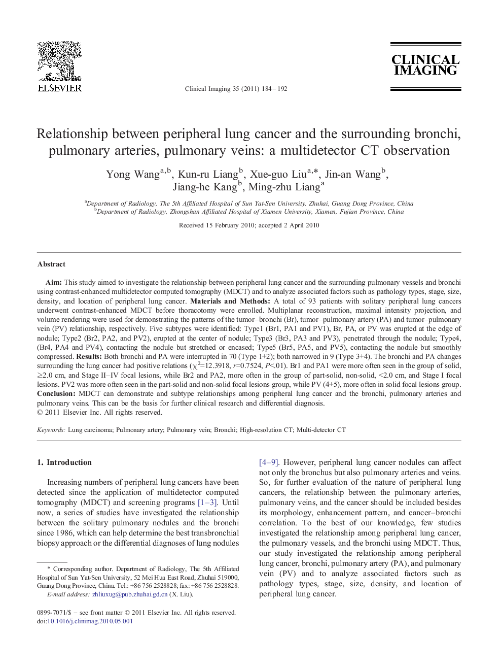 Relationship between peripheral lung cancer and the surrounding bronchi, pulmonary arteries, pulmonary veins: a multidetector CT observation