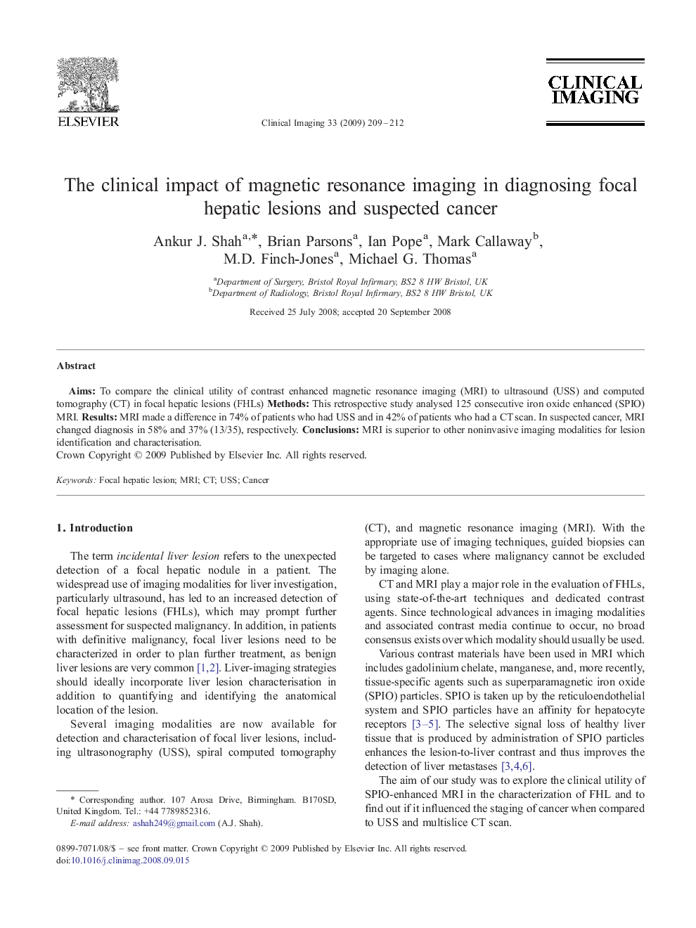 The clinical impact of magnetic resonance imaging in diagnosing focal hepatic lesions and suspected cancer