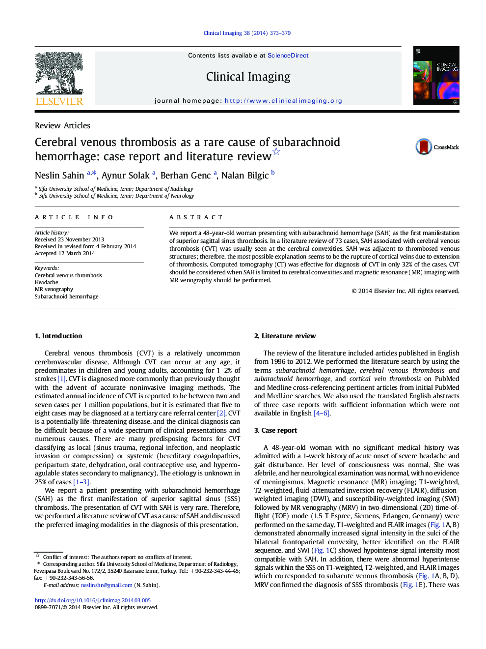 Cerebral venous thrombosis as a rare cause of subarachnoid hemorrhage: case report and literature review 