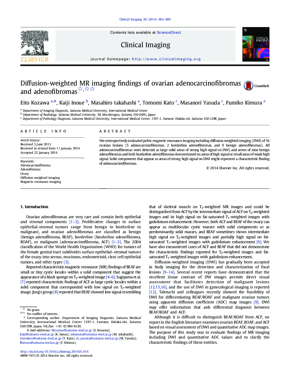 Diffusion-weighted MR imaging findings of ovarian adenocarcinofibromas and adenofibromas