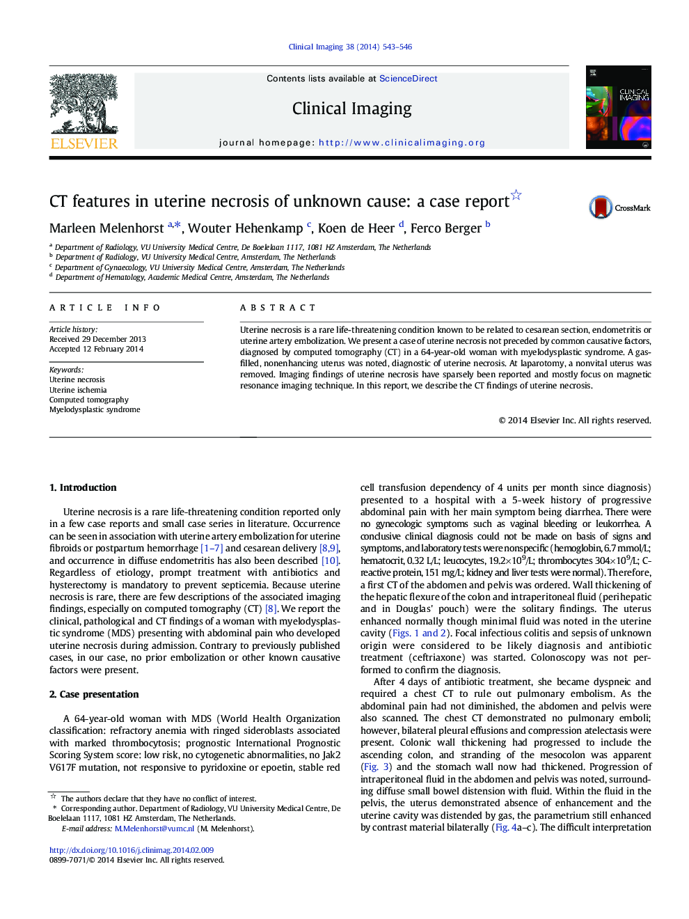 CT features in uterine necrosis of unknown cause: a case report 