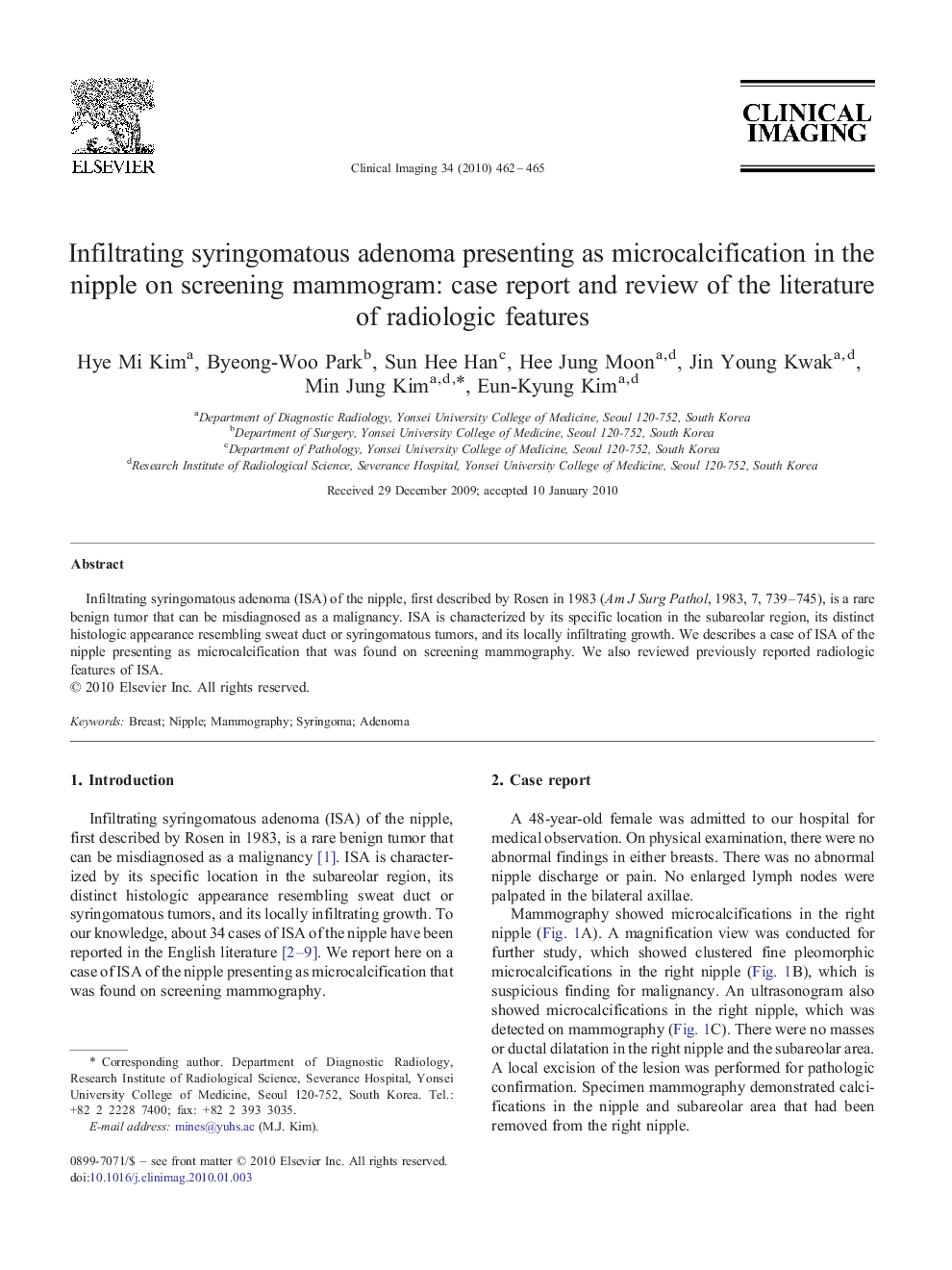 Infiltrating syringomatous adenoma presenting as microcalcification in the nipple on screening mammogram: case report and review of the literature of radiologic features