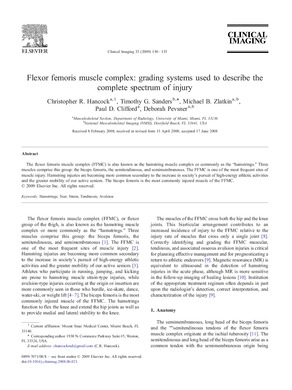 Flexor femoris muscle complex: grading systems used to describe the complete spectrum of injury