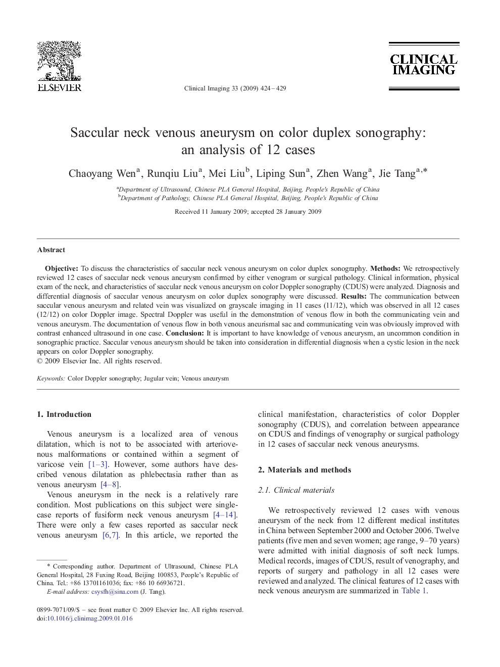 Saccular neck venous aneurysm on color duplex sonography: an analysis of 12 cases