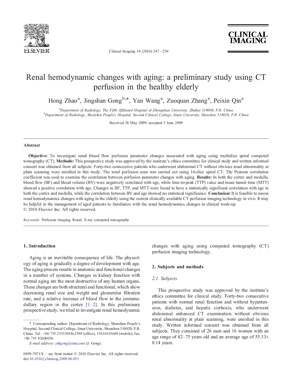 Renal hemodynamic changes with aging: a preliminary study using CT perfusion in the healthy elderly