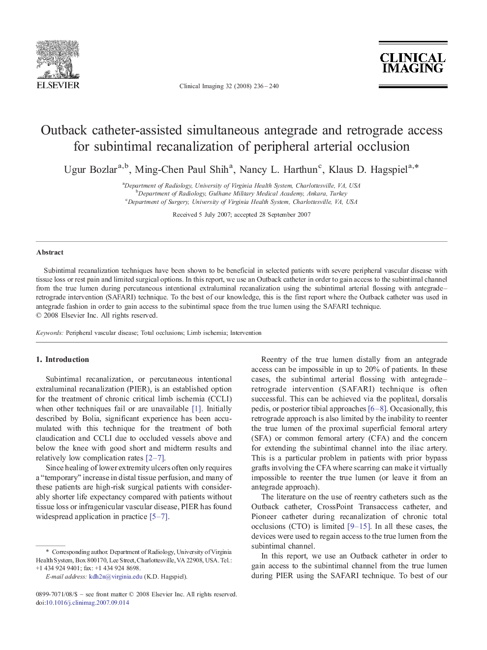 Outback catheter-assisted simultaneous antegrade and retrograde access for subintimal recanalization of peripheral arterial occlusion