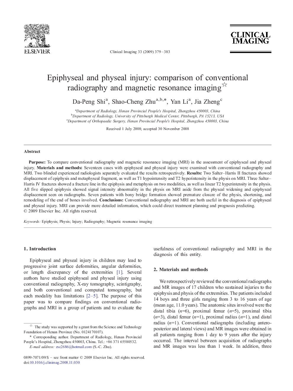 Epiphyseal and physeal injury: comparison of conventional radiography and magnetic resonance imaging 