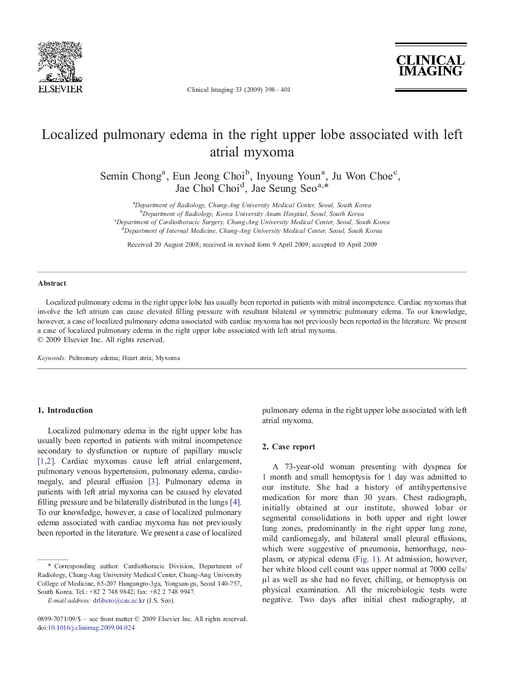 Localized pulmonary edema in the right upper lobe associated with left atrial myxoma