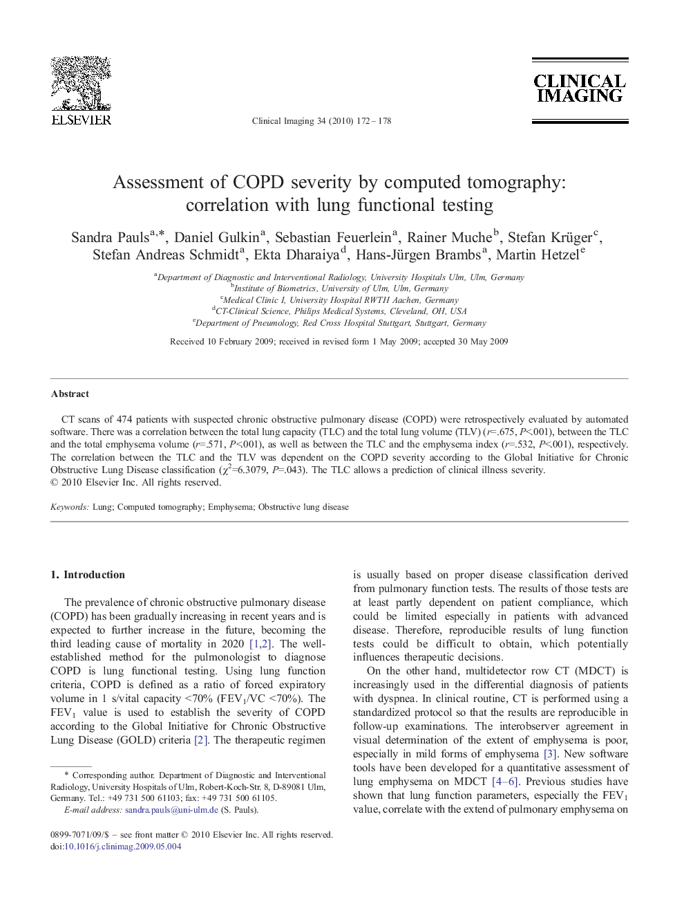 Assessment of COPD severity by computed tomography: correlation with lung functional testing