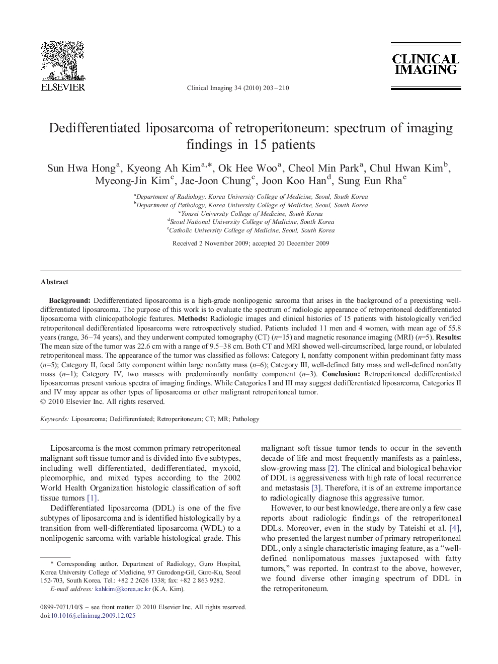 Dedifferentiated liposarcoma of retroperitoneum: spectrum of imaging findings in 15 patients